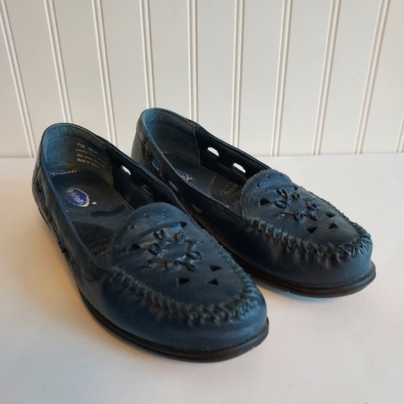 Dr Scholls Shoes - Dr Scholls Womens Navy Blue Leather Cutout Slip On Loafer Shoes ‎ 7.5M  E61-15